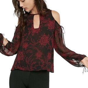 Express Black & Red Paisley Cold Shoulder Whimsigoth Sheer Floral Cutout Top XS